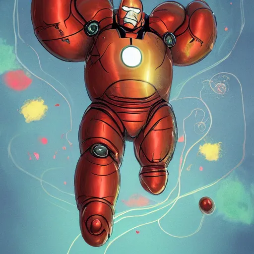 Prompt: portrait of morbidly obese Ironman struggling to fly, colorful metal, bright metal, silver metal, flowers, brushwork, Golden embers flying,vivid color.digital 2D, painterly style, cinematic matte Illustration,trending on pixiv and artstation.Fantastic depth-of-field effect in Bacnground,by Wlop,Mika Pikazo，Yoneyama Mai，Makoto Shinkai, VOFAN