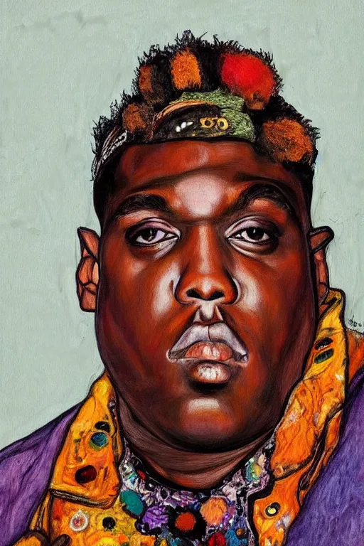 Image similar to a portrait of biggie smalls wearing boho - chic style clothes, with a fur muffler, full body!!, realistic painting in egon schiele style, masterpiece, hyperdetailed, complex, intricate, 4 k, hyperrealistic, trending on artstation