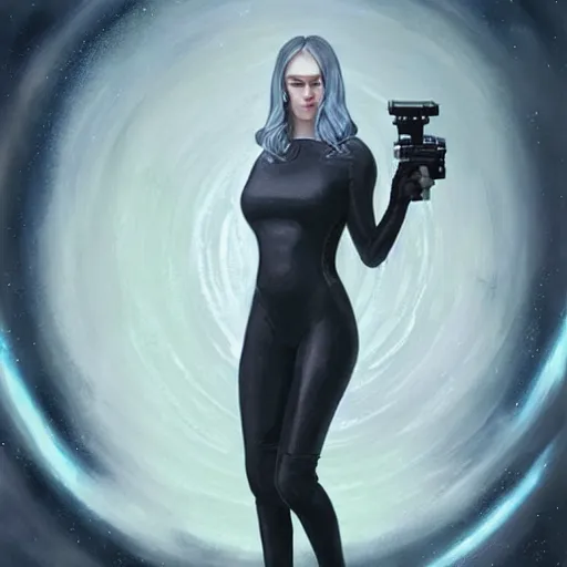 Prompt: pleiadian woman with big eyes and long silver hair wearing a dark body suit and holding a plasma gun standing in barren fields, portrait art by greg rutkowski