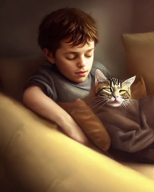 Prompt: a boy is sleeping on a couch with a cat sitting on his head. cinematic, stunning, robert galbraith, tom burke, strong, highly detailed, digital painting, artstation, smooth, hard focus, illustration, art by jessica rossier and and brian froud