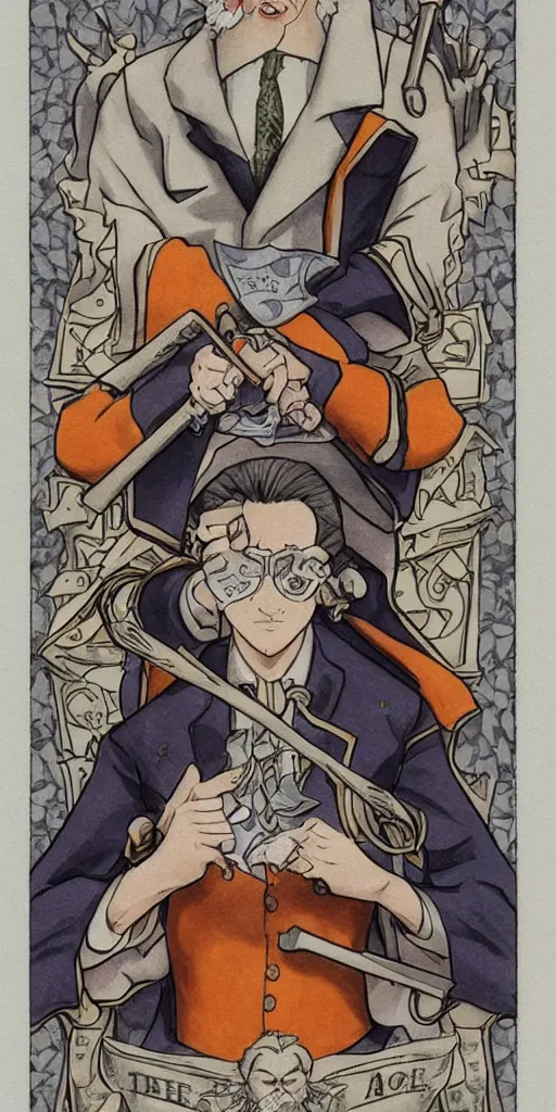 Image similar to the judge from Ace Attorney with a scale in one hand. Tarot card Justice, impressive art, detailed, singe subject