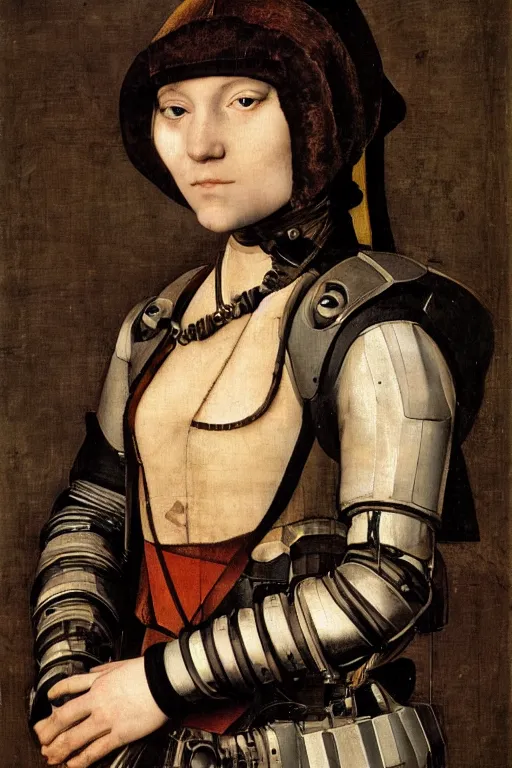 Image similar to a close - up portrait of a cyberpunk cyborg girl, by hans holbein the younger, rule of thirds