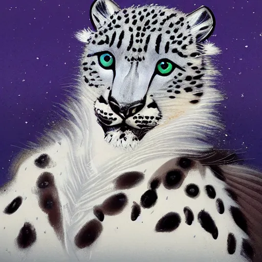 Prompt: avatar of a winged snow snow leopard by charlie harper, highly detailed, award winning, 4 k