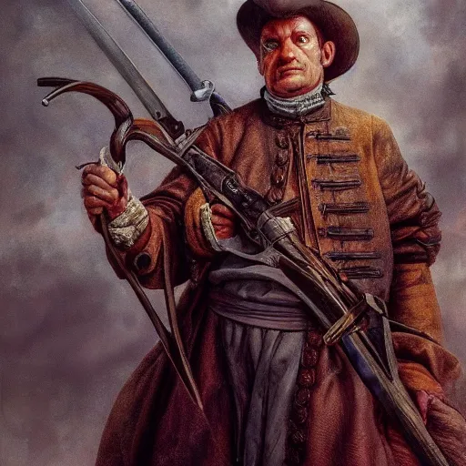 Prompt: realistic extremely detailed photo style portrait painting of a 1 7 0 0 s pilgrim holding a gun and a sword, moebius, brom, ian miller, hr giger, moody vibrant colors, octane render, 4 k