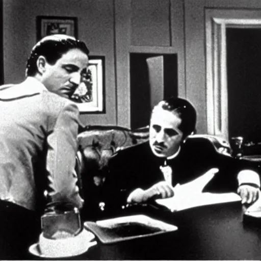 Prompt: scene from the godfather with the godfather seated at his desk