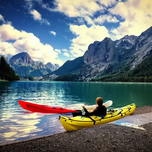 Image similar to a beautiful image of a breathtaking lake with amazing mountains in the background, there is a kayak in the foreground on the beach, landscape