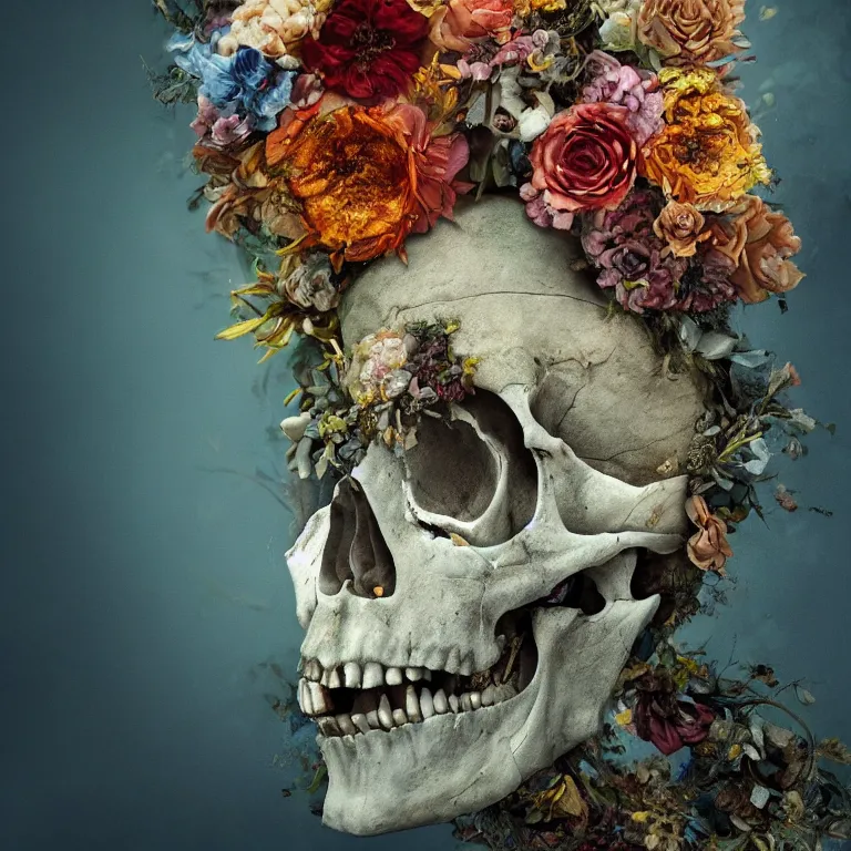 Image similar to A beautiful oil painting hyperrealism of a decayed head, rotting clay skin, skull bones, flowers, floral headdress, 8k resolution, octane render, Trending on artstation, by Gediminas Pranckevicius, volumetric light 2blue fractal Thunder glow by dan mumford, anaglyph effect, Laurie Lipton