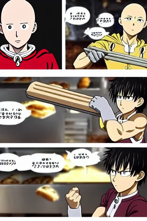 Image similar to baker saitama one punch man, cooking bread baguette, bakery