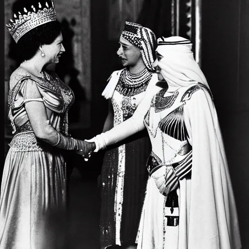 Image similar to detailed black and white photo of queen elizabeth ii meeting cleopatra in egypt