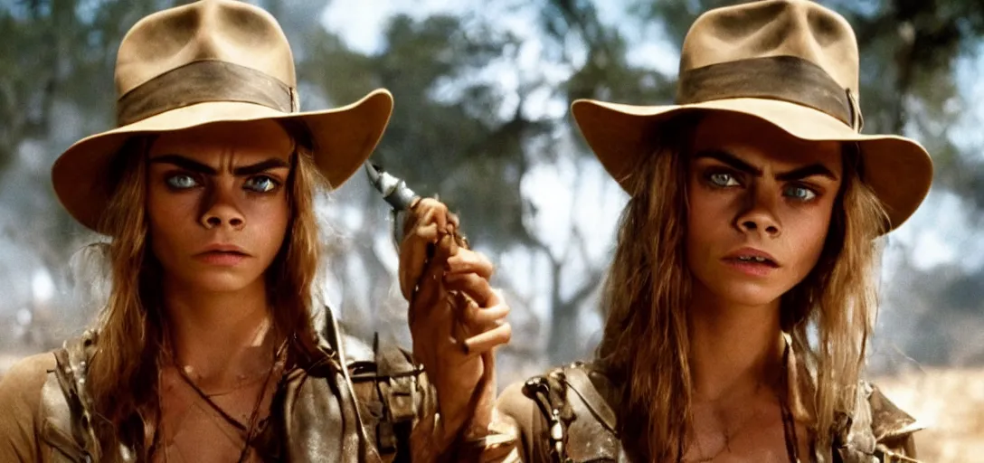 Prompt: still of cara delevingne as indiana jones in raiders of the lost ark ( 1 9 8 1 )