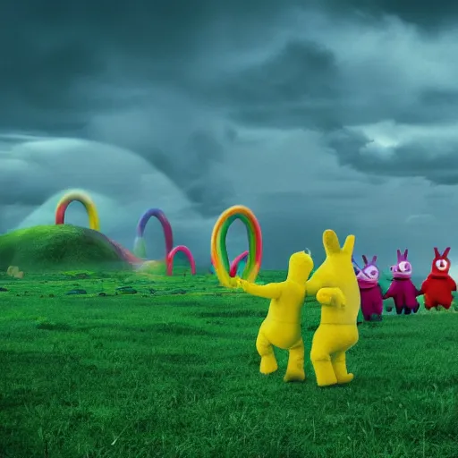 Image similar to SCP-999 standing with the Teletubbies, matte painting, concept art, 4k