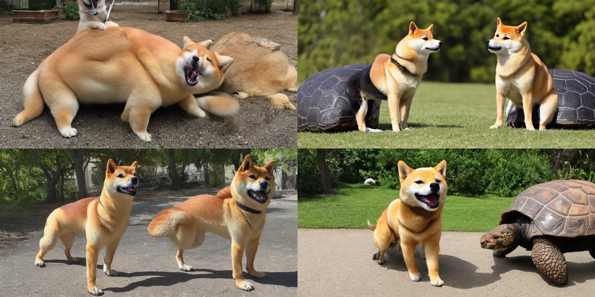 Prompt: a shiba inu standing on the back of a large tortoise