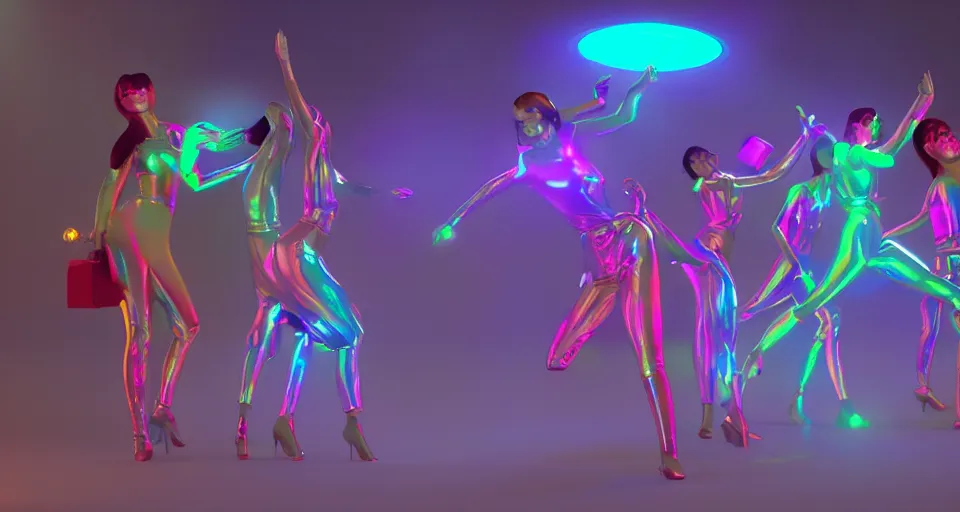 Prompt: dancing holographic girls, in the style of Pixar animation, low angle view, 16mm lens, award winning, hyper detailed, dramatic lighting, artstation, octane renderer, unreal engine