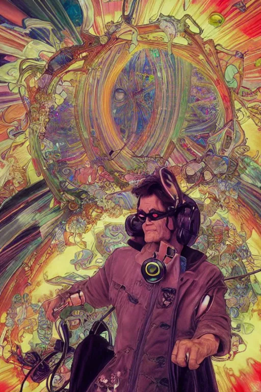 Image similar to jim carrey wearing a magic leap headset emerging from a stargate, by artgerm and yoshitaka amano and moebius and alphonse mucha, hyperdetailed, dc comics, ornate, nebula, explosions in the sky, trending on artstation