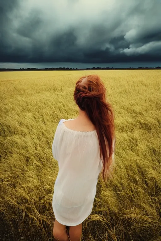 Image similar to kodak ultramax 4 0 0 photograph of a girl with long hair standing in a field, stormy clouds, wicked clouds, big clouds, back view, grain, faded effect, vintage aesthetic,