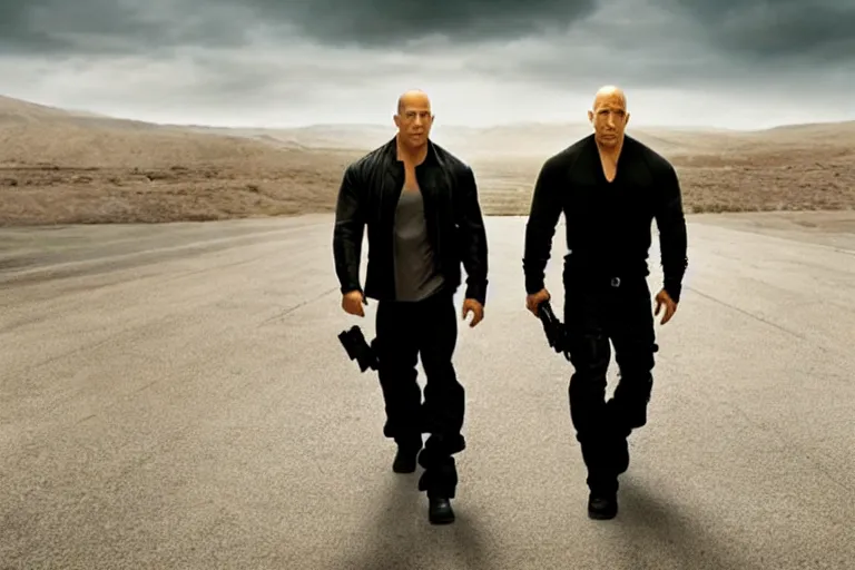 Prompt: movie still frame of steven seagal and vin diesel from the new fast & furious film, promotional image, symmetrical cinematic shot composition, stunning cinematography