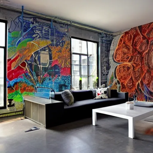 Image similar to trendy loft with modern murals on the wall, contemporary art and patterns, interior design, attractive architecture