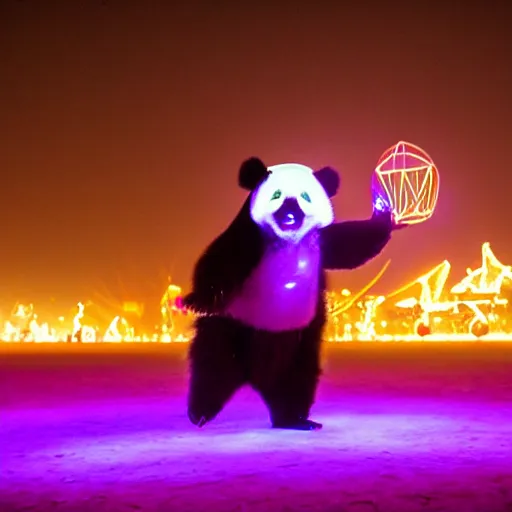 Image similar to a panda wearing led - lined clothing dancing at night on a busy playa at burning man