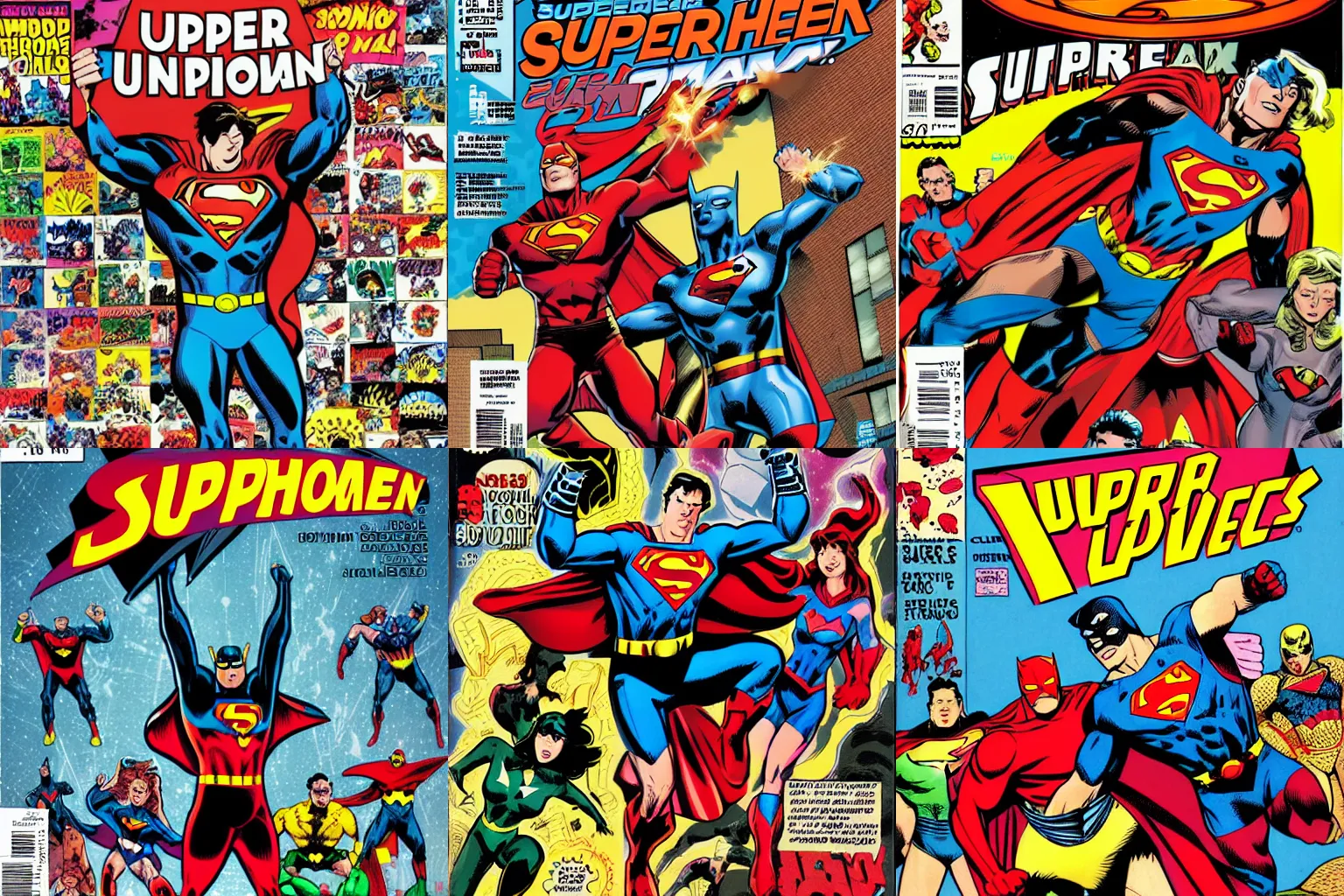 Prompt: superheros unite, stacked image, comic book cover