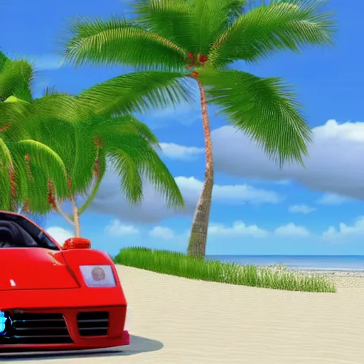 Image similar to a red Ferrari testarossa next to a white sand beach with palm trees. 16bit graphics. HD 8K. Intricate detail