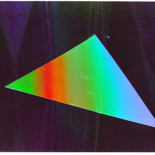 Prompt: black background, an holographic triangle transforming a single light ray into a rainbow, 1970s