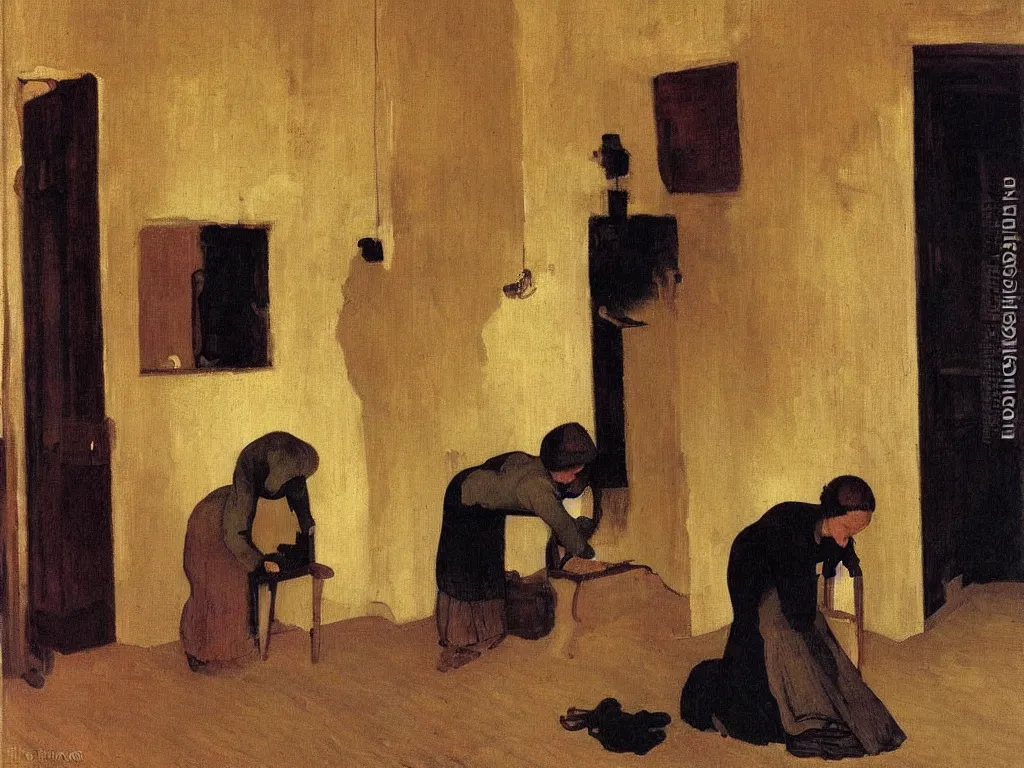 Image similar to Woman setting the interior of a house on fire. The walls are full of old paintings. Painting by Felix Vallotton, John Everett Millais