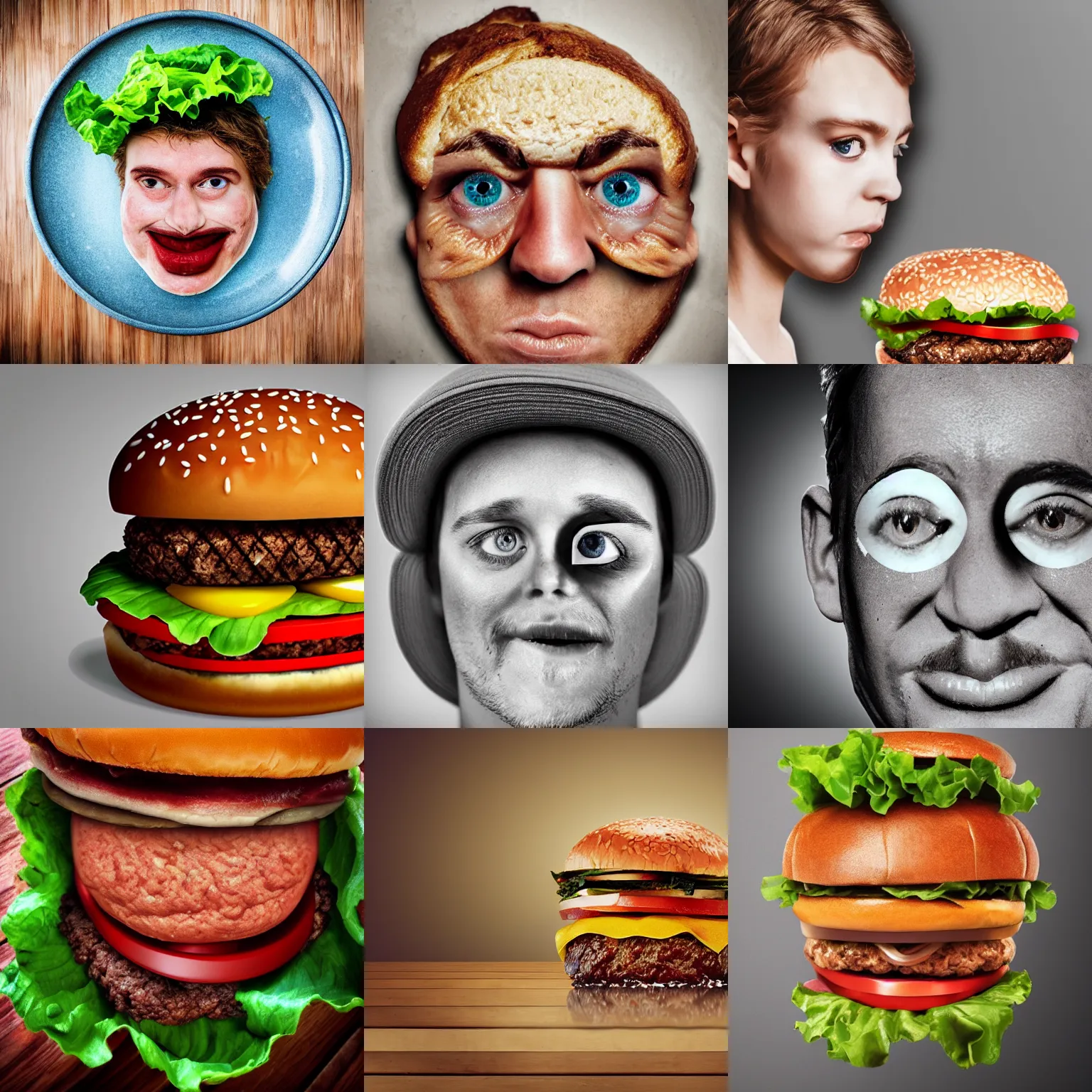 Prompt: hamburger with human face, photography, realistic