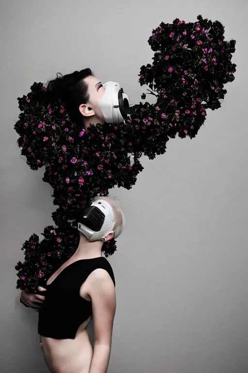 Image similar to a surreal portrait of a woman wearing gas mask falling into a wall of black flowers in the style of brooke didonato, editorial fashion photography from vogue magazine, full shot, nikon d 8 1 0, ƒ / 2. 5, focal length : 8 5. 0 mm, exposure time : 1 / 8 0 0, iso : 2 0 0