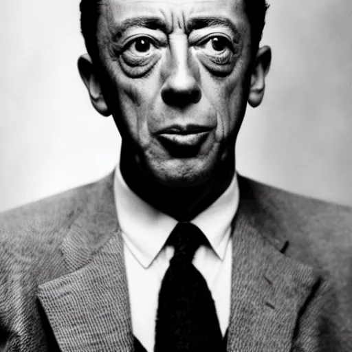 Prompt: 8k black and white photograph portrait of Albert Camus making a silly face. National Geographic. Hilarious.