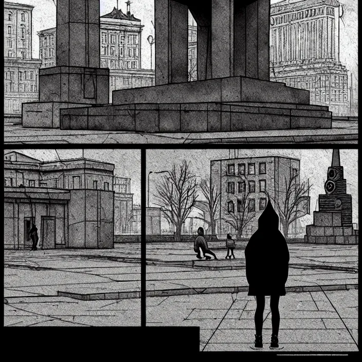 Image similar to storyboard : sadie sink in hoodie sits on bench in ruined square, pedestrians walk by, soviet monument and propaganda posters. scifi cyberpunk. by gabriel hardman. cinematic atmosphere, detailed and intricate, perfect anatomy