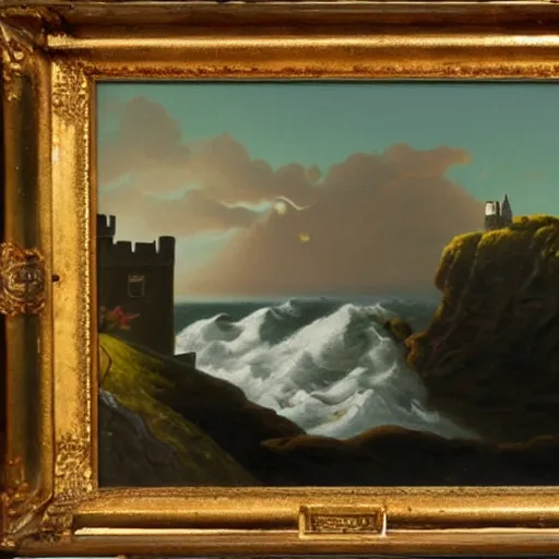 Prompt: john avon painting of a castle on a cliff near the stormy sea