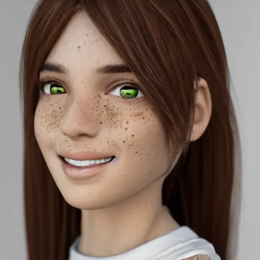 Image similar to Photograph of April, a cute 3D young woman, long shiny bronze brown hair, full round face, green eyes, medium skin tone, light cute freckles, light blush, smiling softly, wearing casual clothing, interior lighting, cozy living room background, medium shot, mid-shot, hyperdetailed, hyperreal, trending on Artstation, Unreal Engine 4k