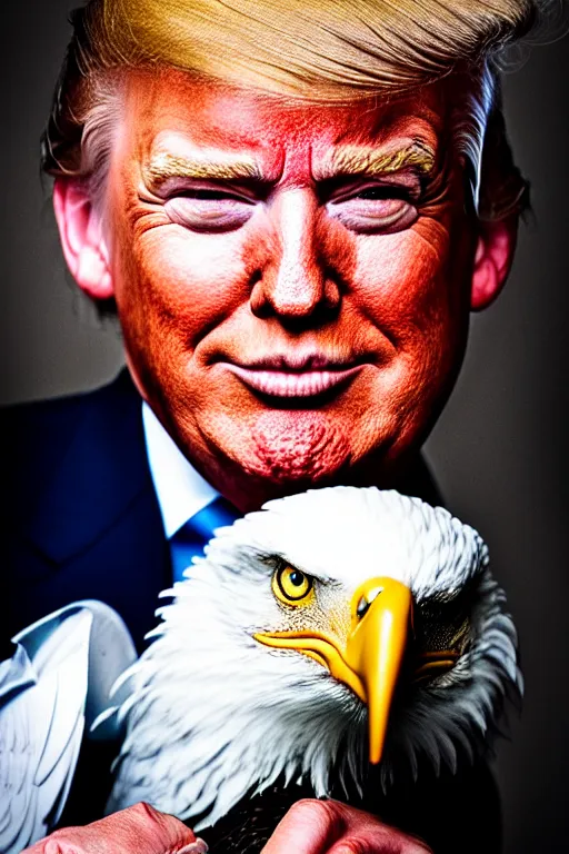 Prompt: Close-up portrait of Donald Trump with an American bald eagle on his head, octane, dramatic lighting, editorial photo, 35mm, very detailed