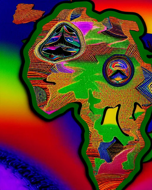 Image similar to a extremely ultra highly detailed hi - res ultra highly detailed colorful logo of africa black backround, zoom out, 8 k, high textures, ultra hyper sharp, insanely detailed and intricate, super detailed, 3 d render, 8 k hdr ultra high quality high polygon, psychedelic, retrowave, trippy, digital art,