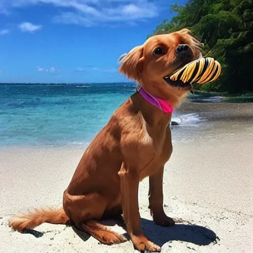 Image similar to dog wearing a bikini at the beach, very cool