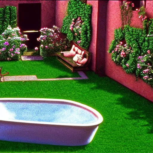 Prompt: hyperrealism photography computer simulation visualisation of detailed old bath in the detailed ukrainian village garden in dramatic scene from movie the big lebowski ( 1 9 9 8 )