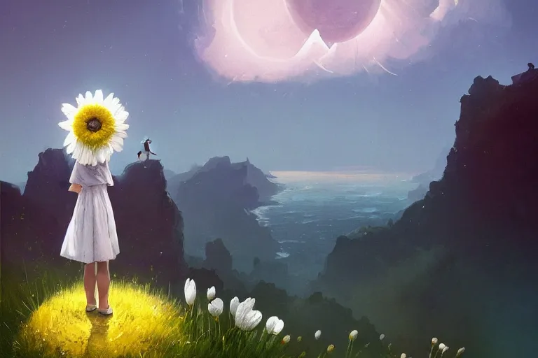 Prompt: giant white daisy flower face, girl standing on cliff, surreal photography, solar eclipse, milky way, dramatic light, impressionist painting, clouds, digital painting, artstation, james gilleard, liam wong, jeremy mann, simon stalenhag