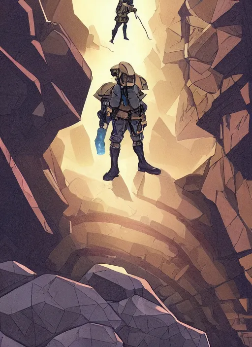 Prompt: comic book art of a [ soldier ] in trenchcoat in armour on [ bridge ] above a [ crevasse ] [ giant gemstones ], looking up at a glowing beam of light crystal, [ low angle ], artstation illustration, ominous, arcane by tim doyle