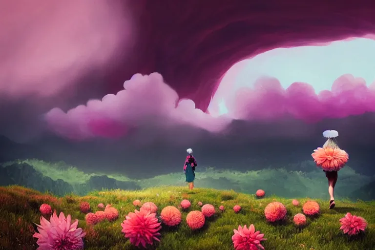 Image similar to giant dahlia flower on her head, girl walking on mountain, surreal photography, pink storm clouds, dramatic light, impressionist painting, digital painting, artstation, simon stalenhag