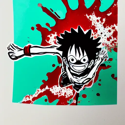 Image similar to die cut sticker, luffy gear 5, splatter paint on paper