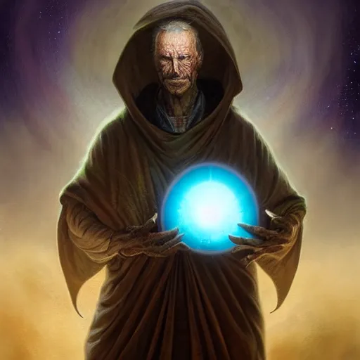 Image similar to the creator of worlds wearing a cloak and holding a holographic planet projection in his hand, detailed, sci - fi, digital painting, artstation, sharp focus, illustration, ominous, artgerm, tomasz alen kopera, peter mohrbacher, donato giancola, joseph christian leyendecker, wlop, frank frazetta