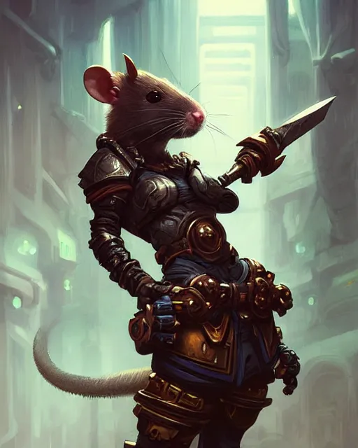 Prompt: cute pet rat warrior cyberpunk theme medieval, deep focus, d & d, fantasy, intricate, elegant, highly detailed, digital painting, artstation, concept art, matte, sharp focus, illustration, hearthstone, art by artgerm and greg rutkowski and alphonse mucha