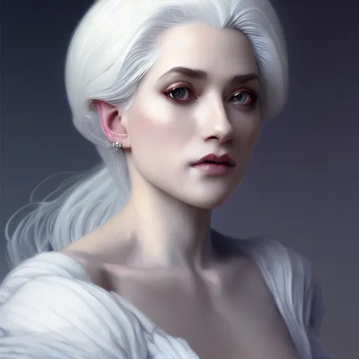 Image similar to white haired aristocrat, full body portrait, gentle, solemn face, cloth, female, city landscape, d & d, fantasy, intricate, elegant, digital painting, white grey color palette, artstation, octane render, concept art, matte, sharp focus, illustration, herrarthstone, art by artgerm and greg rutkowski and alphonse mucha