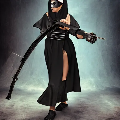 Prompt: photo of a cyberpunk nun warrior with weapons