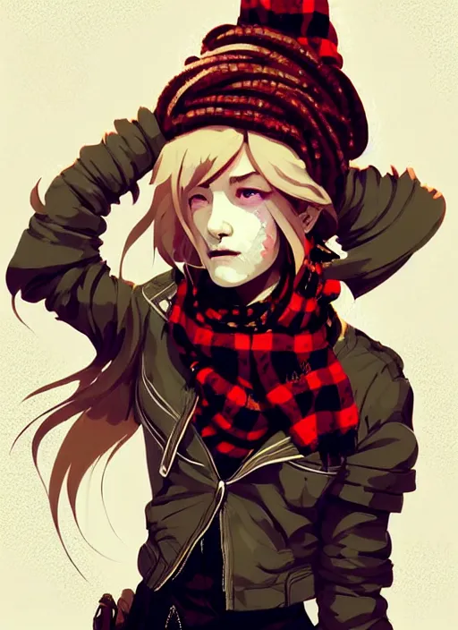 Image similar to highly detailed portrait of a sewer punk lady student, beanie, tartan scarf, wavy blonde hair by atey ghailan, by greg rutkowski, by greg tocchini, by james gilleard, by joe fenton, by kaethe butcher, gradient red, black, brown and cream color scheme, grunge aesthetic!!! graffiti tag wall background