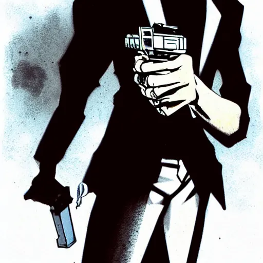 Prompt: , spike from anime cowboy bebop holding two handguns looking into the distance of space, physically accurate, dynamic lighting, intricate, elegant, highly detailed, very very Roberto Ferri, sharp focus, very very unsettling, very terrifying, illustration, art