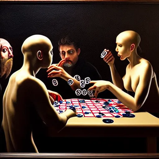Image similar to hyperrealism simulation highly detailed human octopuses'wearing transparent jackets, playing poker in surreal scene from art house movie from future by caravaggio