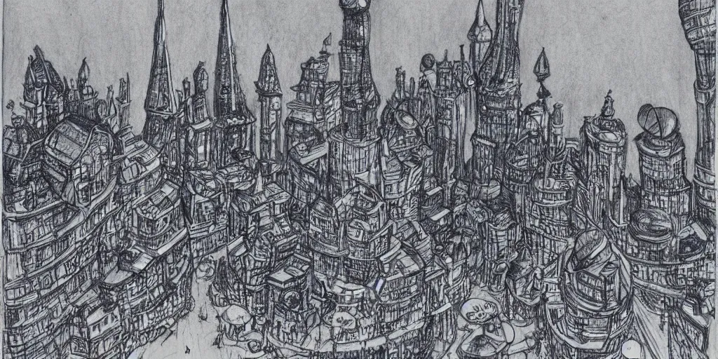 Image similar to Blue ballpoint pen drawing of a concept art of a stone town in orbit around a tower with amazing details by Maurice Sendak.