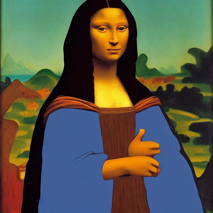 Image similar to an Afro American girl as Mona Lisa by Jacob Lawrence