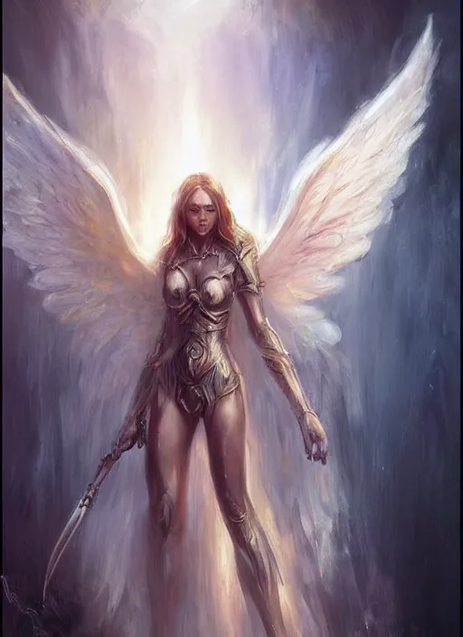 Image similar to concept art, angel knight girl. by artstation trending, by joseph mallord william turner, luis royo, konstantin razumov, cinematic lighting, fractal flame, highly detailed